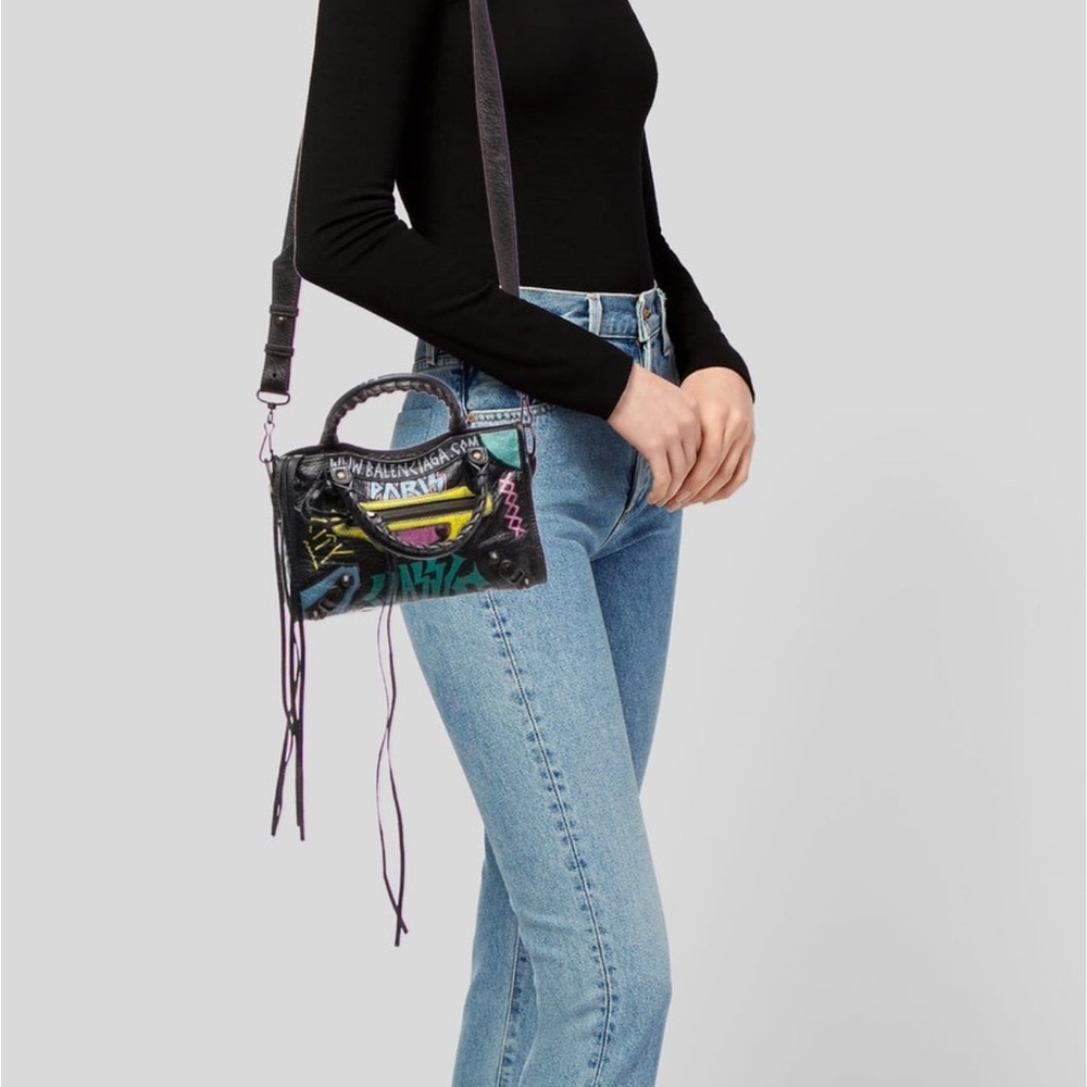 Balenciaga Black Leather Mini City Bag with Multicolor Graffiti - Picture 2 of 11